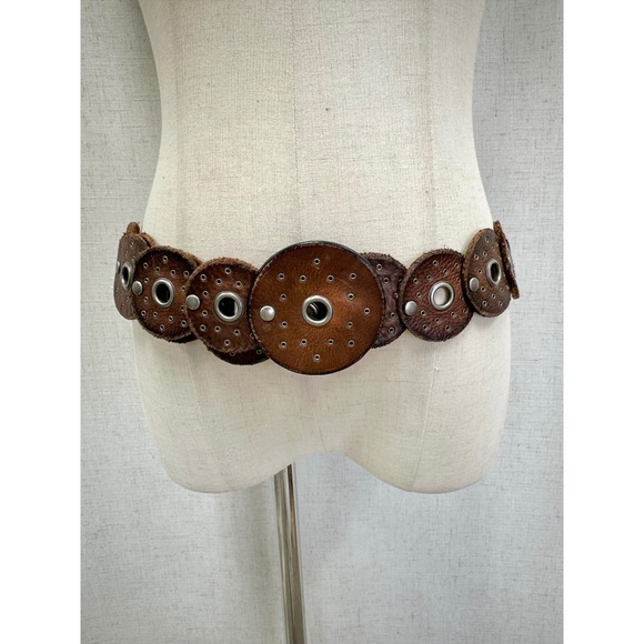 Accessories - Western boho leather Disc Concho Belt Brown silver grommets SML/MED adjustable